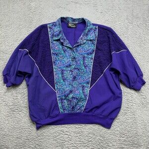 Vintage 90s Silver Threads Jacket Womens L Purple Teal Paisley Ruffle Pull Over
